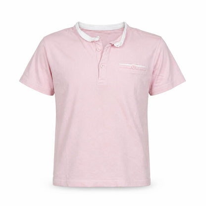 Front view of Undeniable Dudes boys’ pink cotton basic polo, size 11, years round neck button