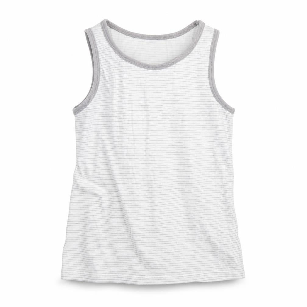 Front view of George girls’ grey striped cotton basic tank, size 8, years round neck