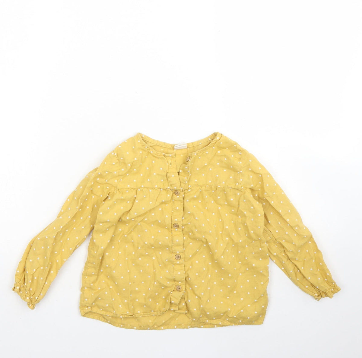 Additional front view of H&M girls’ yellow polka dot cotton basic button-up, size 2, years round neck button