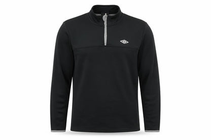 Front view of Umbro men’s black high neck polyester henley jumper, size M