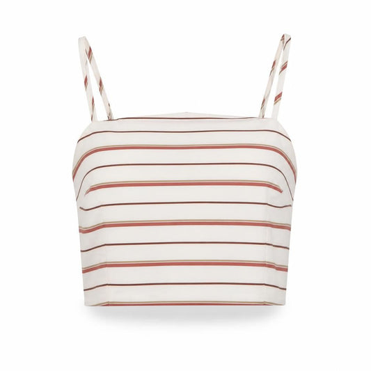 Front view of New Look women’s white striped polyester cropped tank, size UK 10, round neck