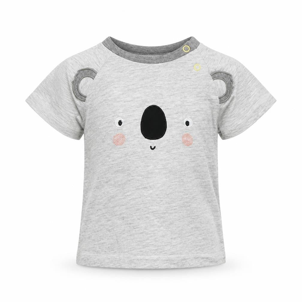 Front view of Tu Baby Grey Cotton Basic T-Shirt, size 9-12, Months Round Neck - Koala Bear
