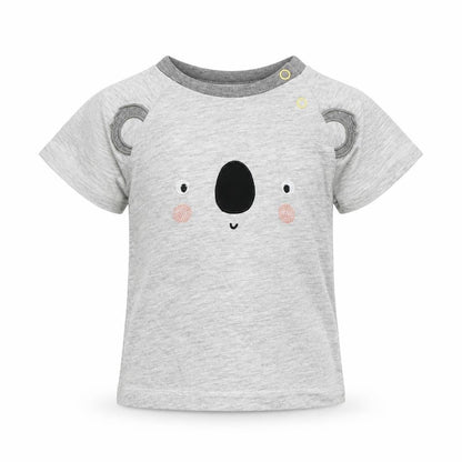 Front view of Tu Baby Grey Cotton Basic T-Shirt, size 9-12, Months Round Neck - Koala Bear
