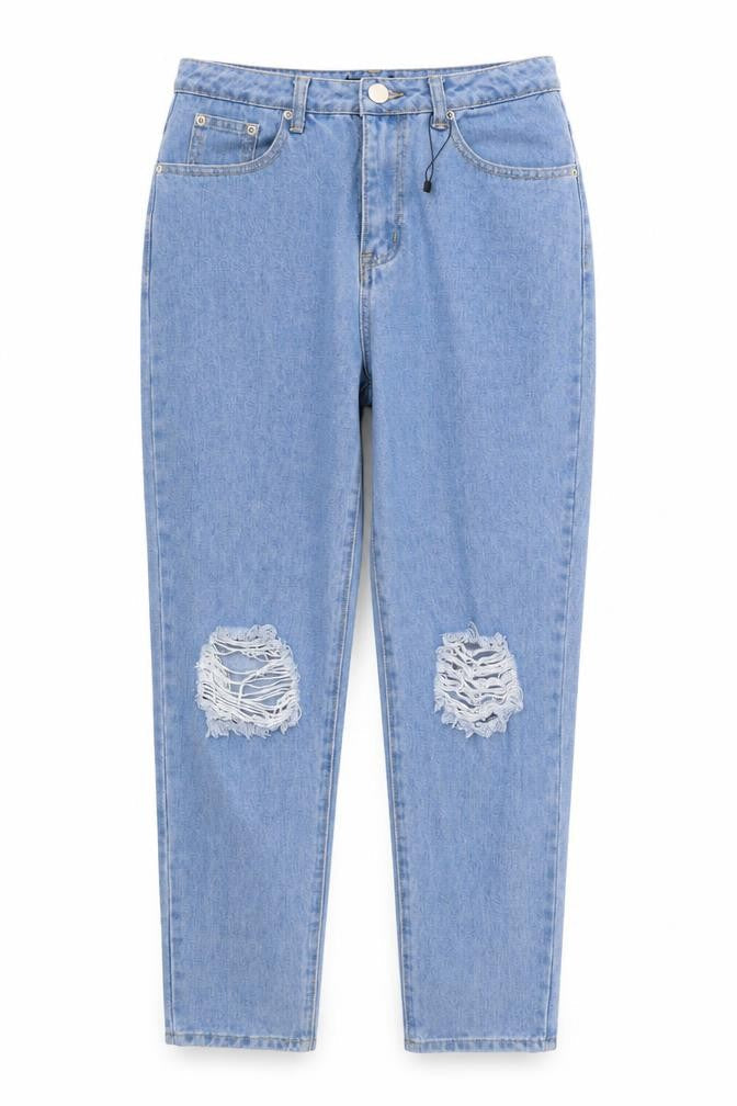 Front view of Boohoo women’s blue cotton skinny jeans, size UK 10, 26-inch leg regular