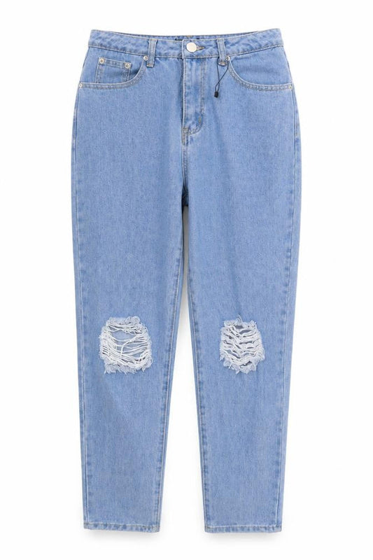 Front view of Boohoo women’s blue cotton skinny jeans, size UK 10, 26-inch leg regular