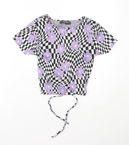 Primark Womens Purple Floral Polyester Basic T-Shirt Size 2XS Round Neck