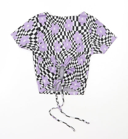 Primark Womens Purple Floral Polyester Basic T-Shirt Size 2XS Round Neck