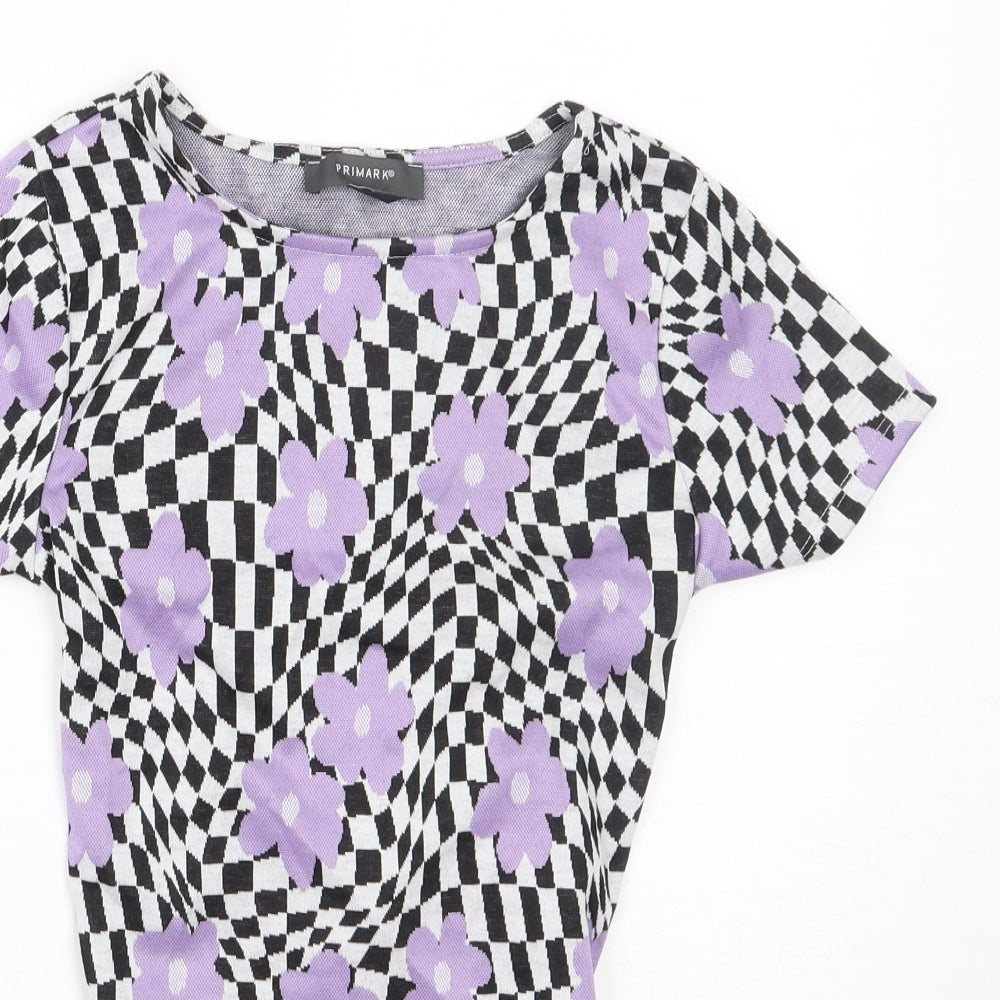 Primark Womens Purple Floral Polyester Basic T-Shirt Size 2XS Round Neck