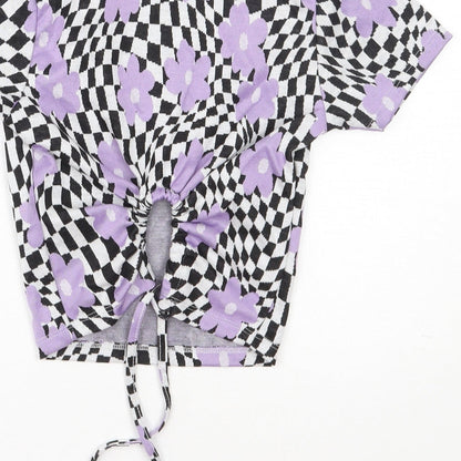 Primark Womens Purple Floral Polyester Basic T-Shirt Size 2XS Round Neck