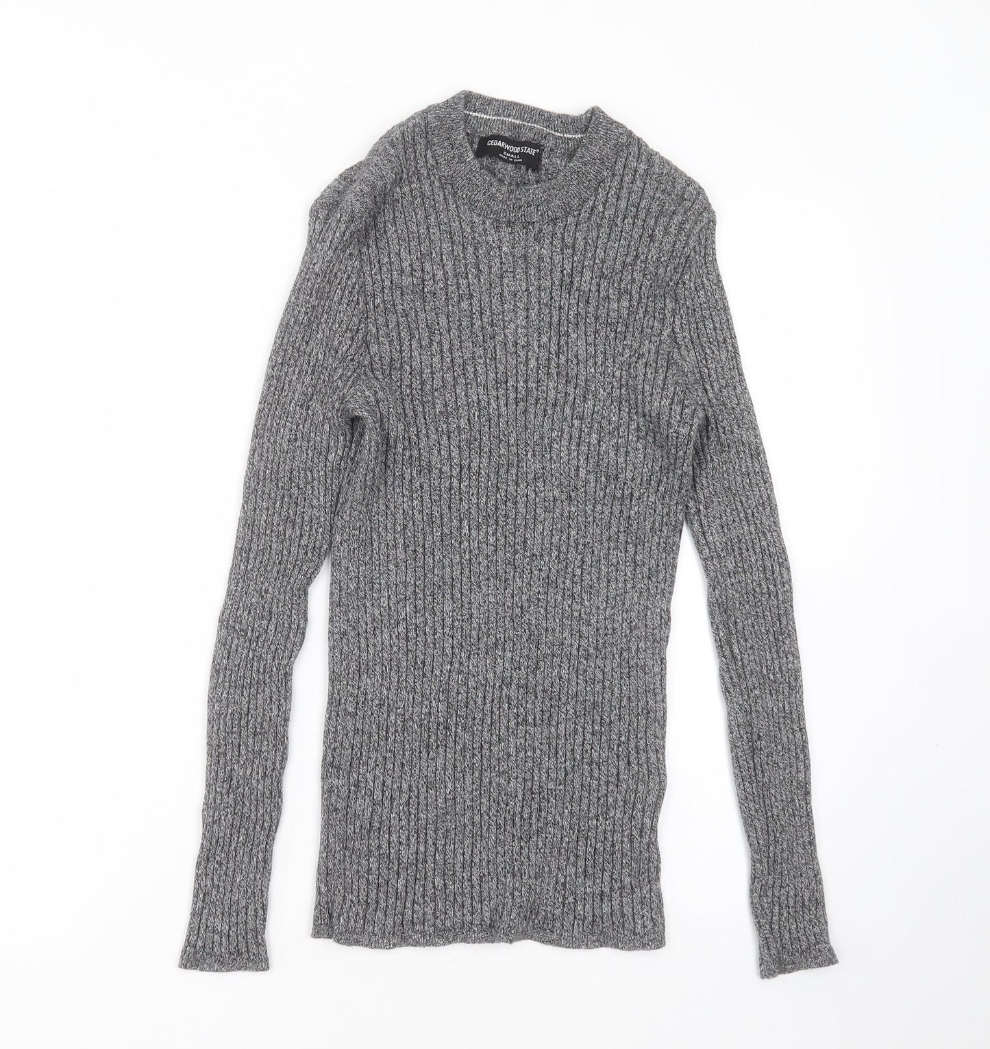 Cedar Wood State Mens Grey Round Neck Striped Cotton Pullover Jumper Size S