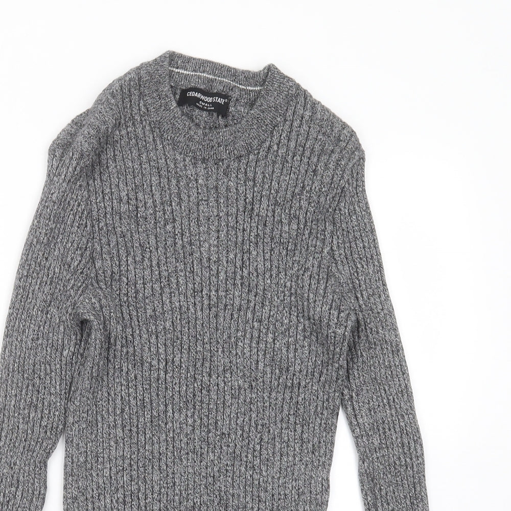 Cedar Wood State Mens Grey Round Neck Striped Cotton Pullover Jumper Size S