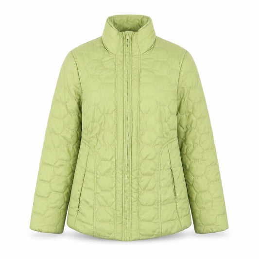 Front view of the four seasons london women’s green geometric quilted jacket, size XS, zip