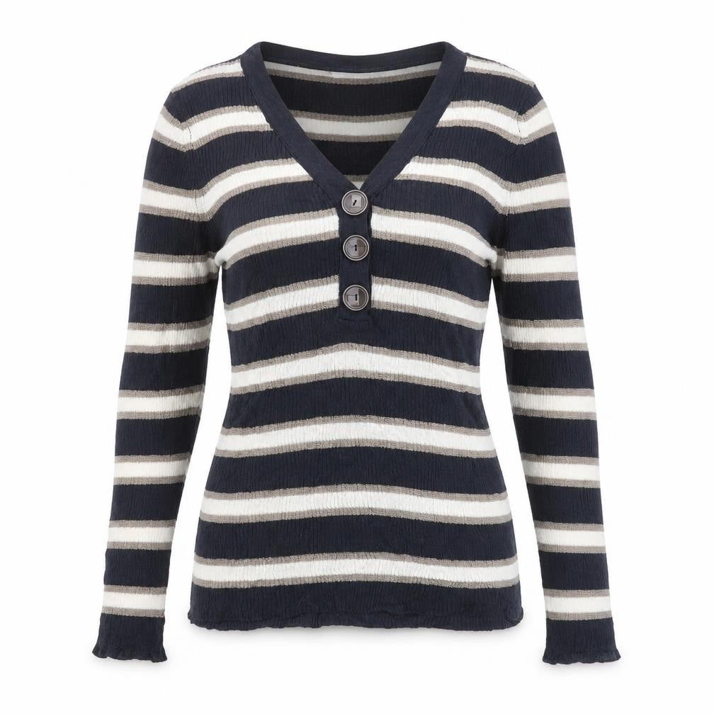 Front view of Marks & Spencer women’s blue v-neck striped cotton jumper, size UK 12
