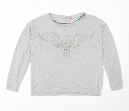 Additional front view of Only women’s grey polyester pullover sweatshirt, size L, - bird, beaded