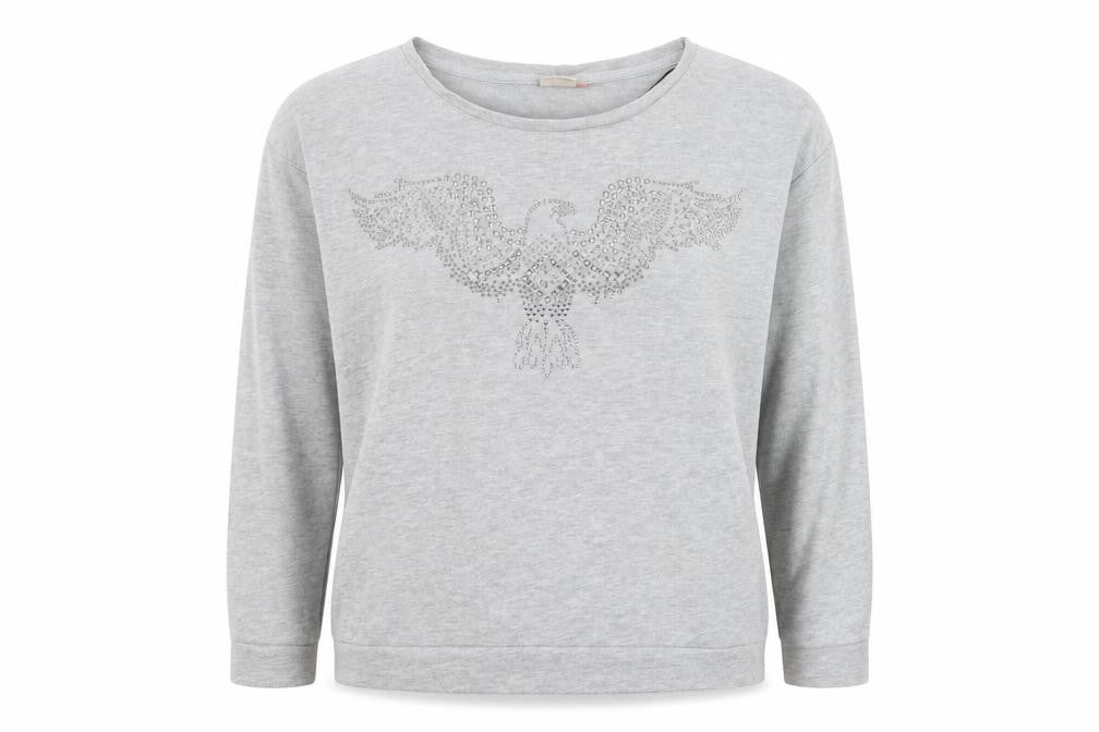 Front view of Only women’s grey polyester pullover sweatshirt, size L, - bird, beaded