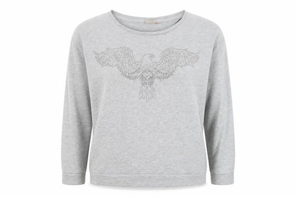 Front view of Only women’s grey polyester pullover sweatshirt, size L, - bird, beaded