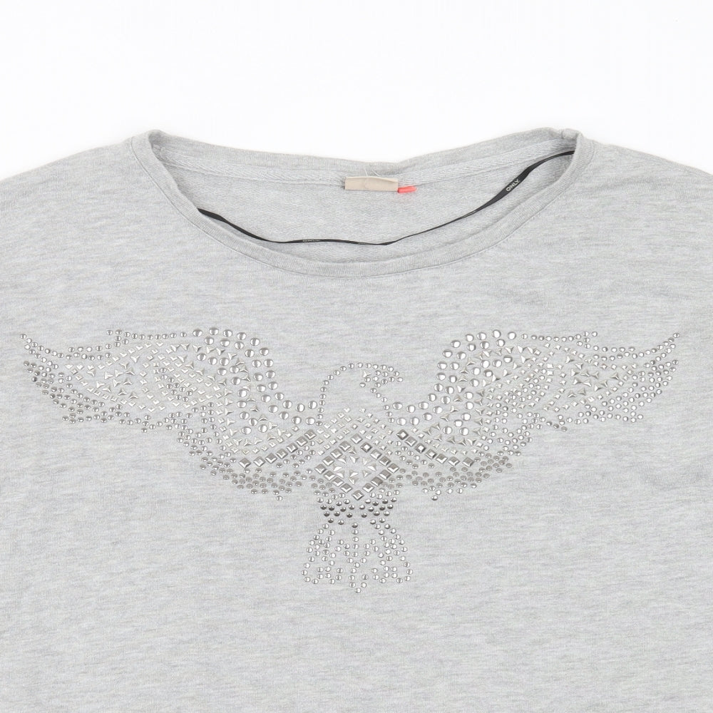Close-up detail of Only women’s grey polyester pullover sweatshirt, size L, - bird, beaded