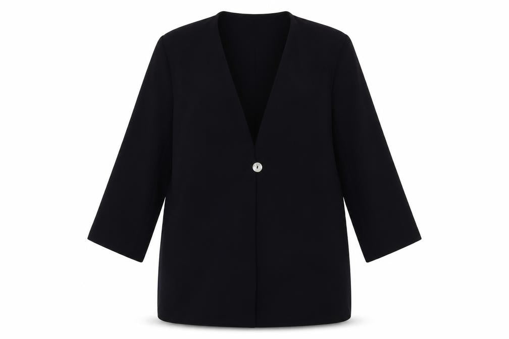 Front view of Living women’s blue jacket blazer, size UK 12, button