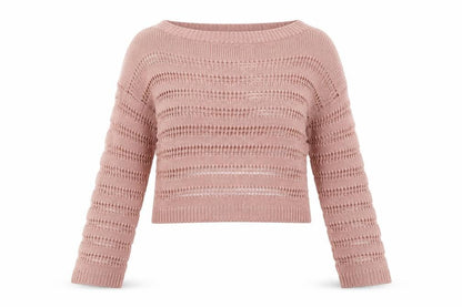 Front view of Missguided women’s pink striped acrylic pullover sweatshirt, size M, pullover
