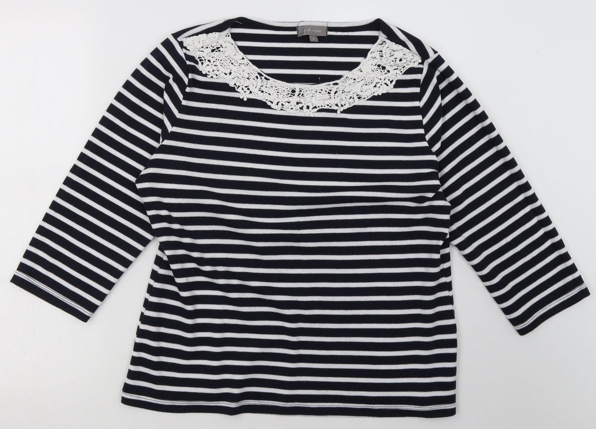 Additional front view of First Avenue women’s black striped cotton pullover sweatshirt, size L, pullover