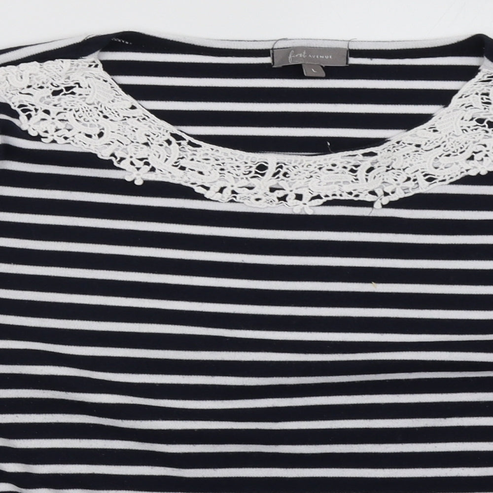 Close-up detail of First Avenue women’s black striped cotton pullover sweatshirt, size L, pullover