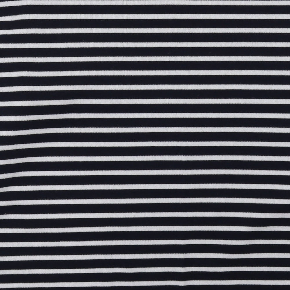 Brand and care label for First Avenue women’s black striped cotton pullover sweatshirt, size L, pullover