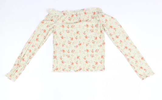 New Look Womens Green Floral Polyester Basic Blouse Size 8 Off the Shoulder