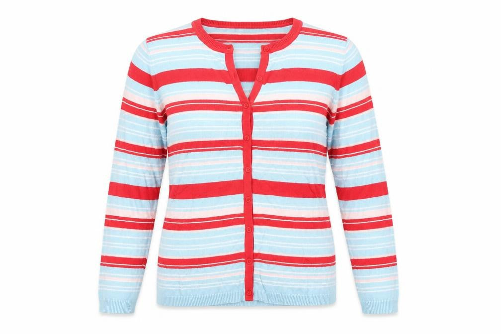 Front view of Bonmarché women’s blue round neck striped viscose cardigan jumper, size S