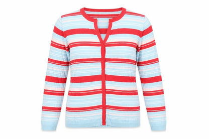 Front view of Bonmarché women’s blue round neck striped viscose cardigan jumper, size S