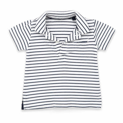 Front view of Next Baby Blue Striped 100% Cotton Basic T-Shirt, size 3-6, Months Collared