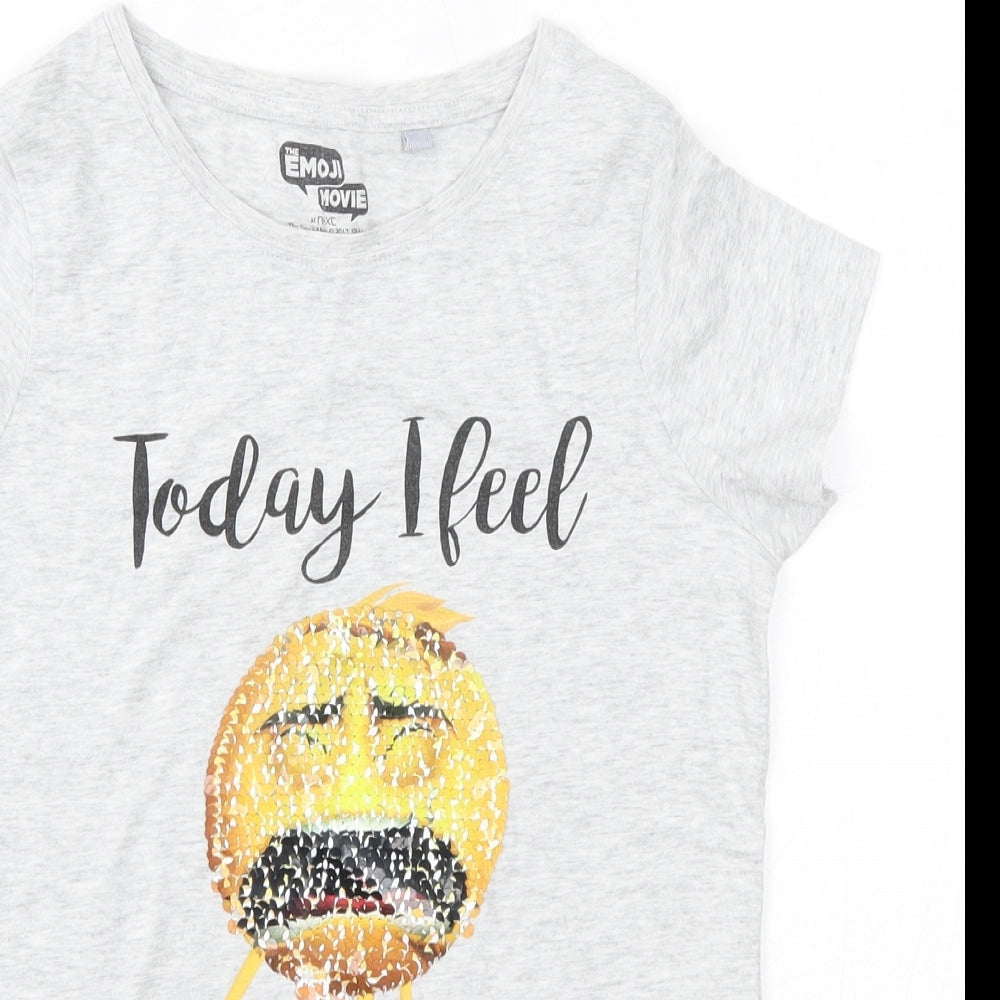 NEXT Girls Grey  100% Cotton Basic T-Shirt Size 10 Years Round Neck  - Emoji