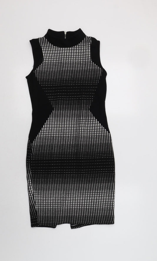 NEXT Womens Black Geometric Cotton Bodycon  Size 8  Mock Neck Zip