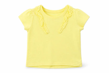 Front view of Primark girls’ yellow cotton basic t-shirt, size 2-3, years crew neck