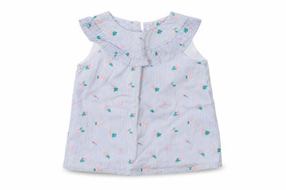 Front view of So Cute Baby Blue Floral Cotton Basic Blouse, size 12-18, Months Collared Button