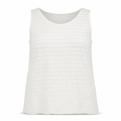 Front view of Dorothy Perkins women’s white viscose basic tank, size UK 16, round neck - lace overlay