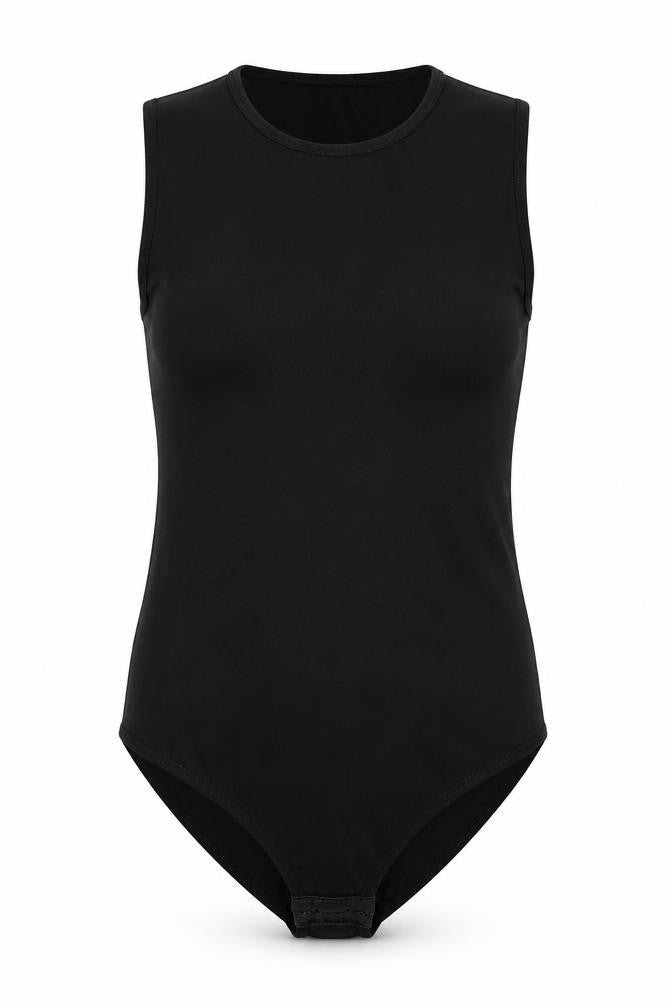 Front view of Kata women’s black cotton bodysuit one-piece, size M