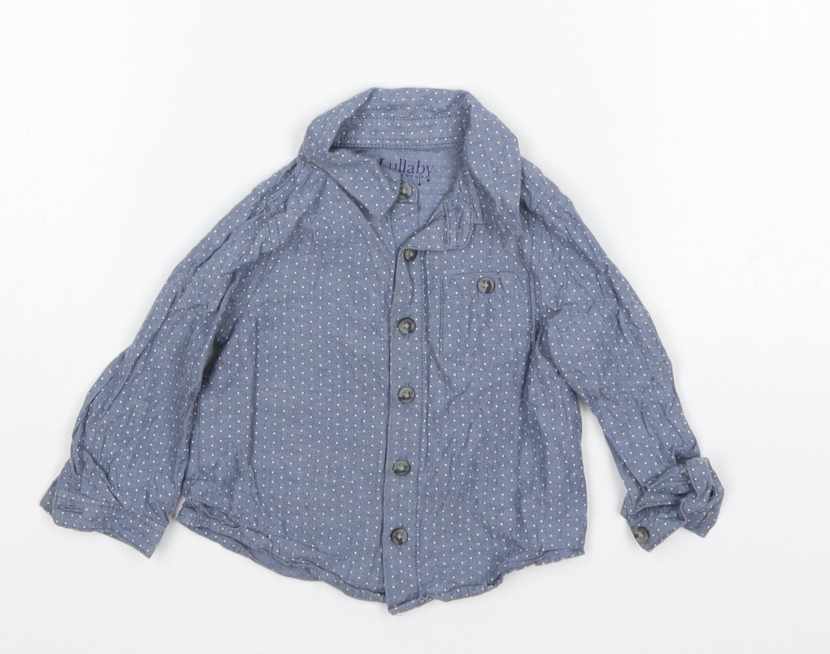 Additional front view of Lullaby boys’ multicoloured polka dot cotton basic button-up, size 9-12, months collared