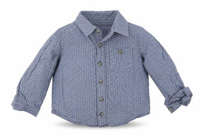 Front view of Lullaby boys’ multicoloured polka dot cotton basic button-up, size 9-12, months collared
