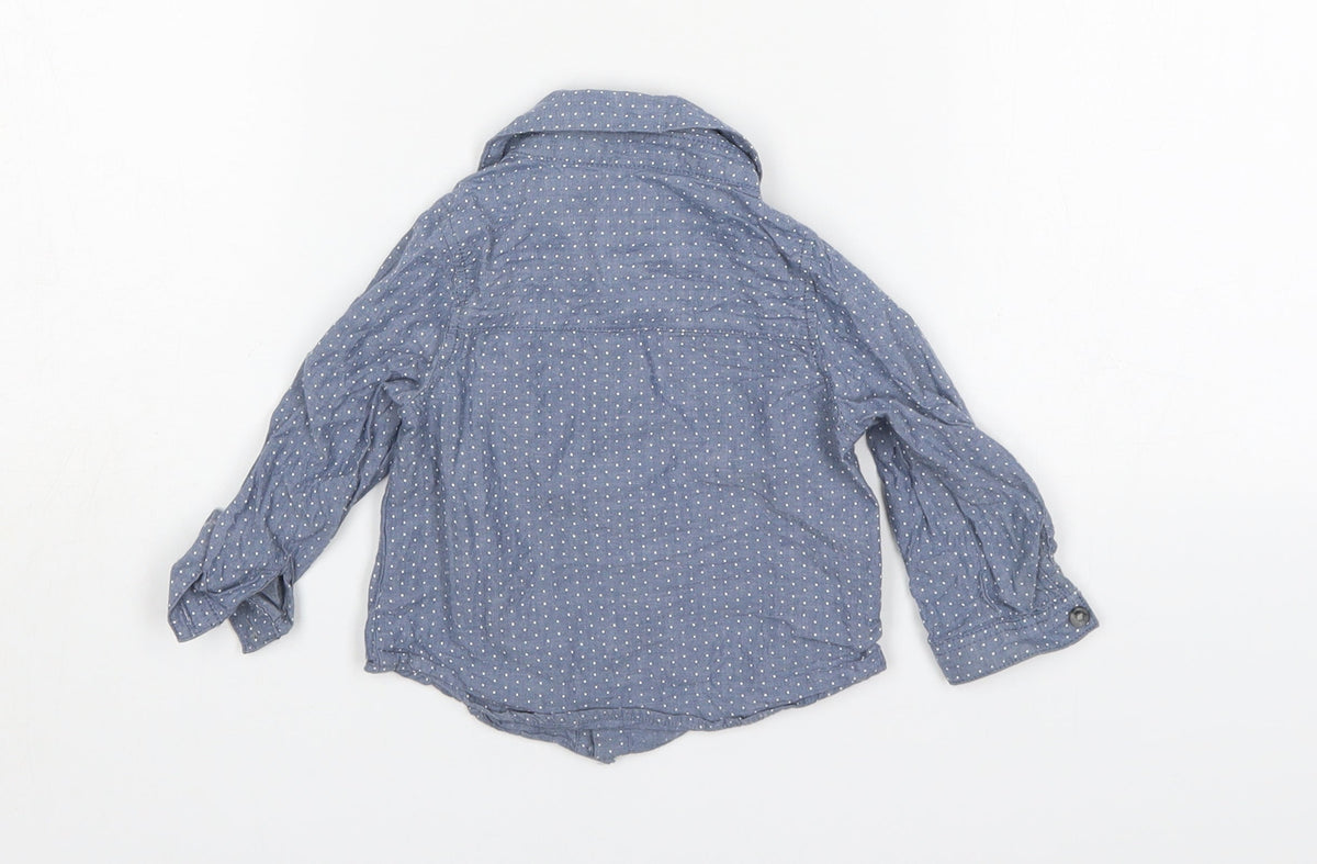 Back view of Lullaby boys’ multicoloured polka dot cotton basic button-up, size 9-12, months collared