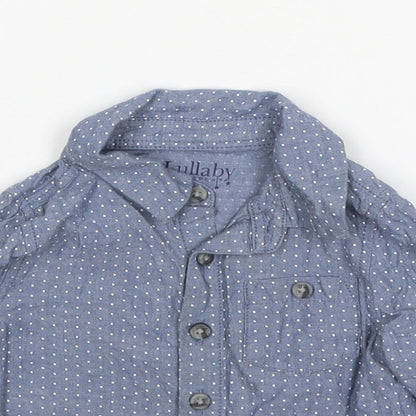 Close-up detail of Lullaby boys’ multicoloured polka dot cotton basic button-up, size 9-12, months collared