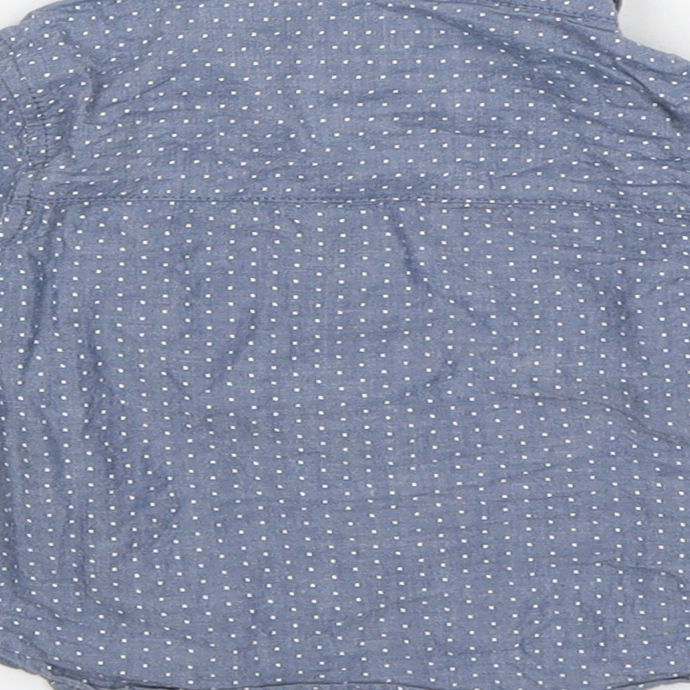 Brand and care label for Lullaby boys’ multicoloured polka dot cotton basic button-up, size 9-12, months collared