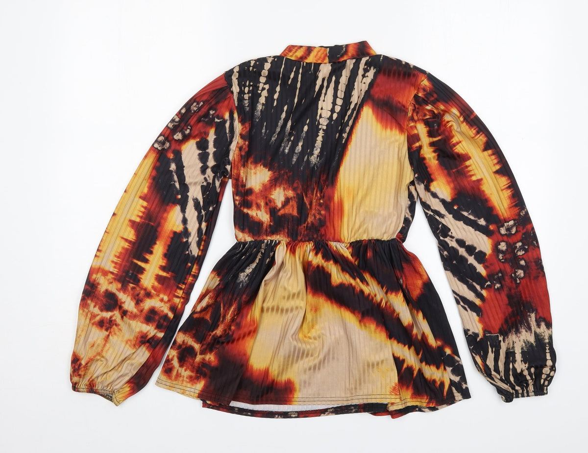 Back view of TFL women’s multicoloured geometric polyester basic blouse, size UK 10, round neck