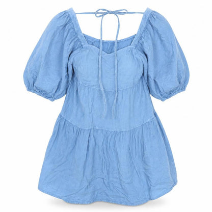 Front view of Influance women’s blue viscose a-line, size UK 8, square neck