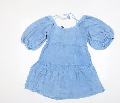 Back view of Influance women’s blue viscose a-line, size UK 8, square neck