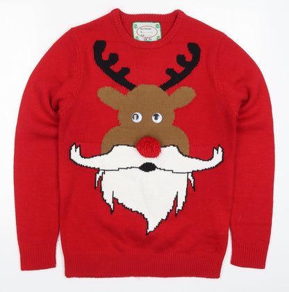 Cedar Wood State Mens Red Round Neck  Acrylic Pullover Jumper Size XS   - Rudolph Christmas