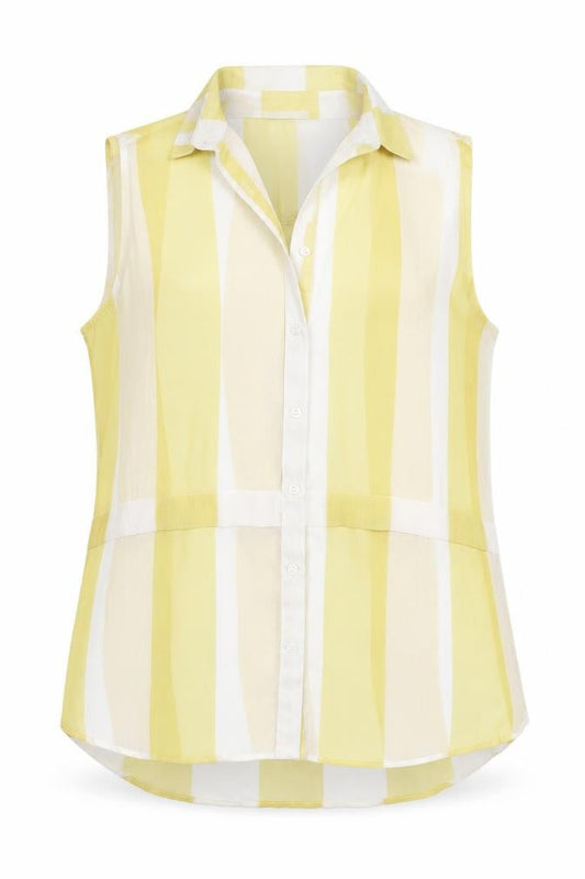 Front view of Knitmania women’s yellow striped polyester basic button-up, size UK 12, collared
