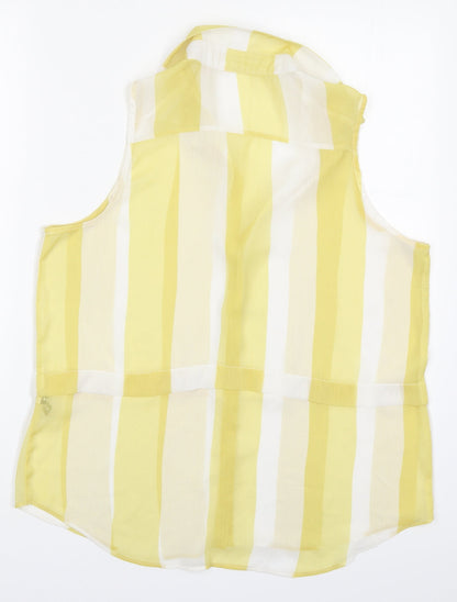 Back view of Knitmania women’s yellow striped polyester basic button-up, size UK 12, collared