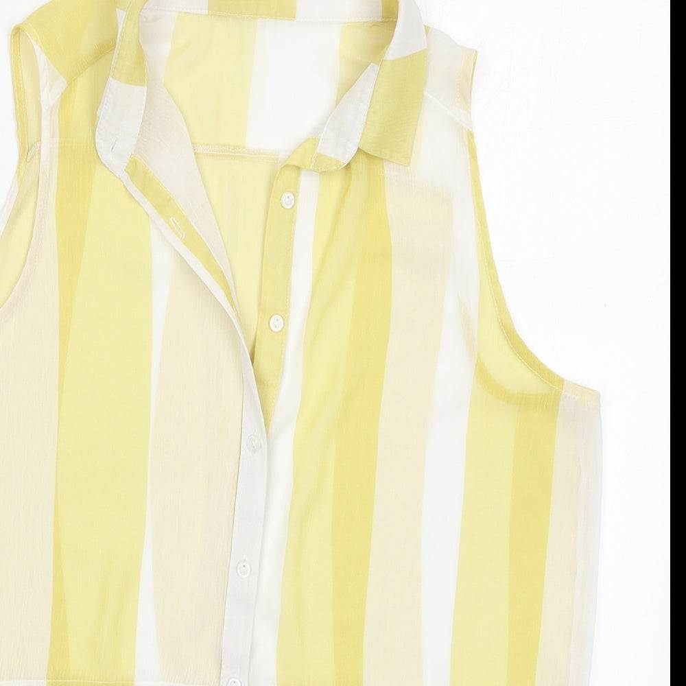 Close-up detail of Knitmania women’s yellow striped polyester basic button-up, size UK 12, collared