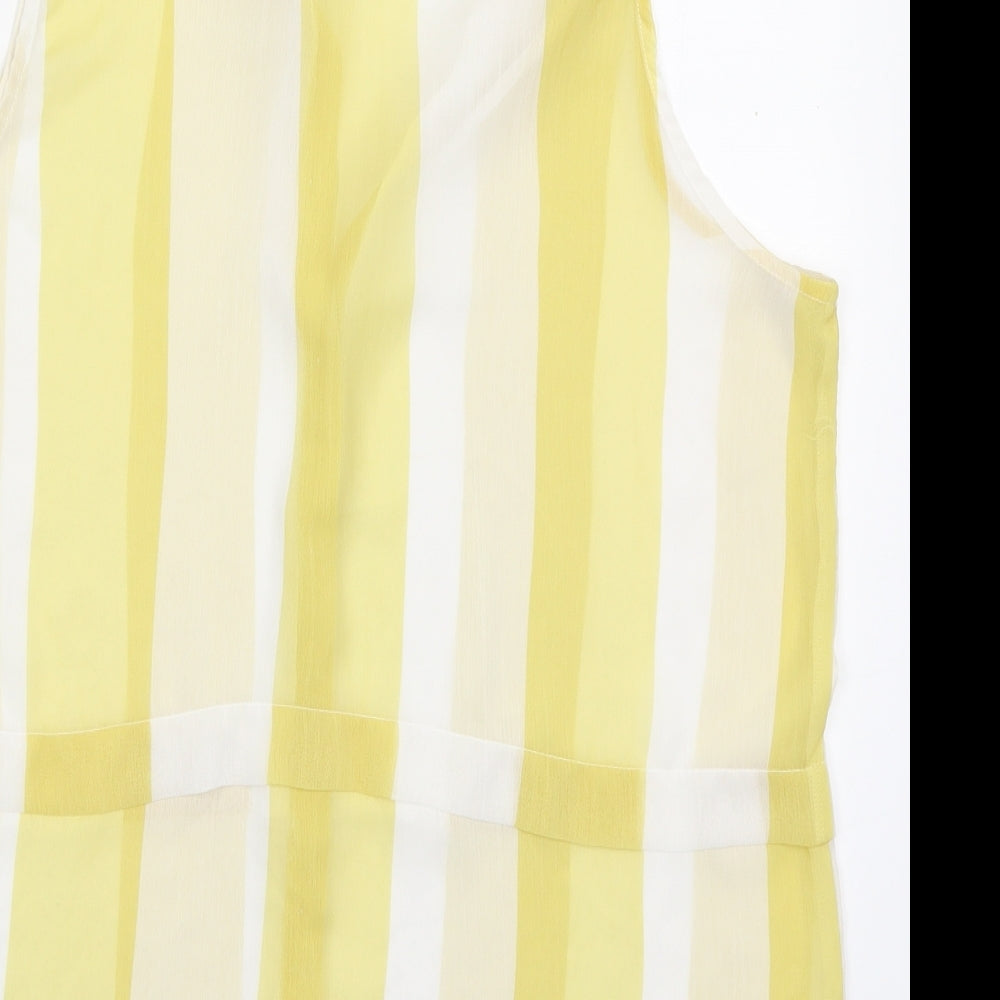 Brand and care label for Knitmania women’s yellow striped polyester basic button-up, size UK 12, collared