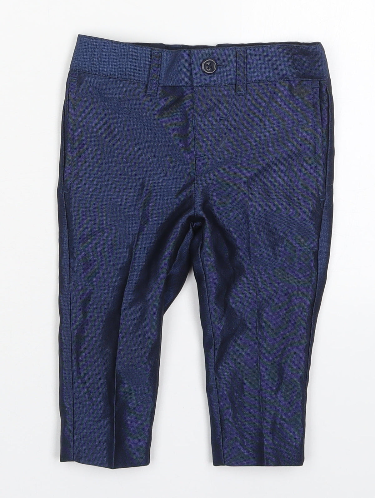 Additional front view of Monsoon boys’ blue polyester capri trousers, size 6-9, months button